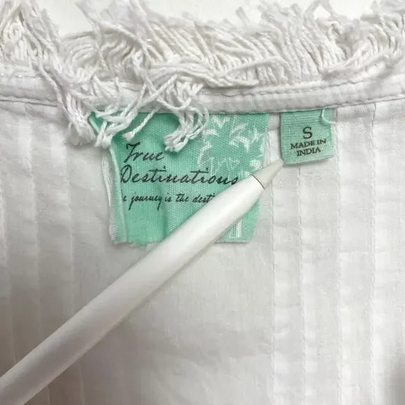 White Pintuck Boho Crochet Fringe Tunic Top Small Cotton Flutter Sleeve Coastal - Picture 6 of 8